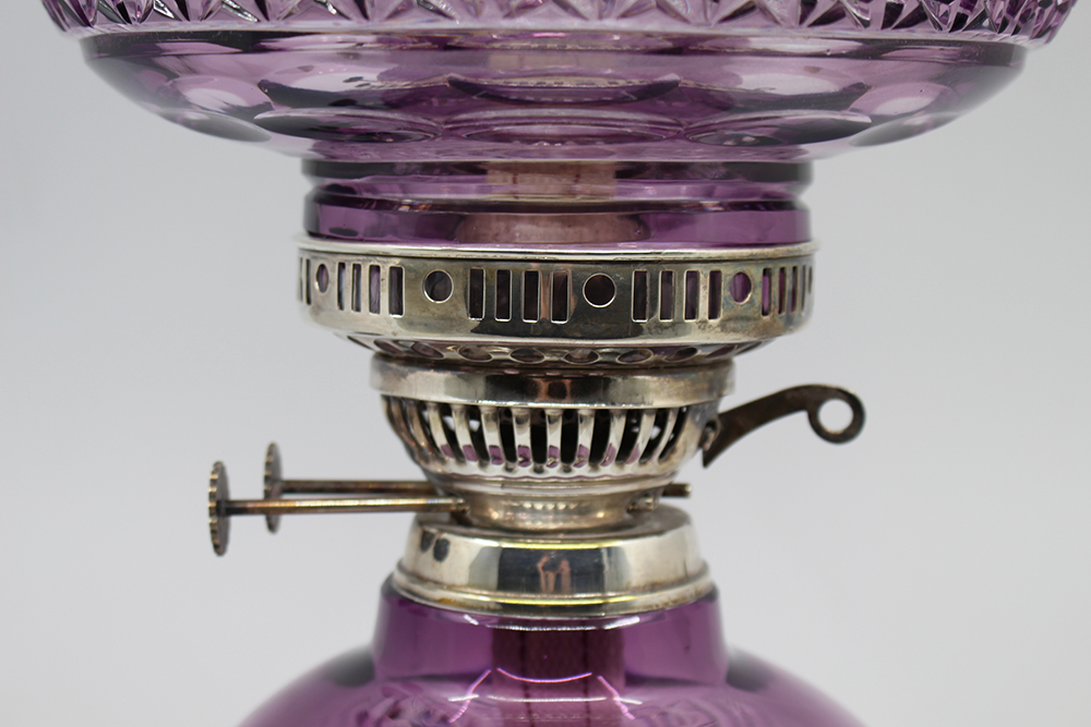 Very Fine English Cut Glass Amethyst Overlay Crystal Oil Lamp - Image 5 of 13