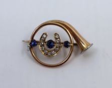 Edwardian Diamond & Sapphire Gold Hunting Horn Brooch