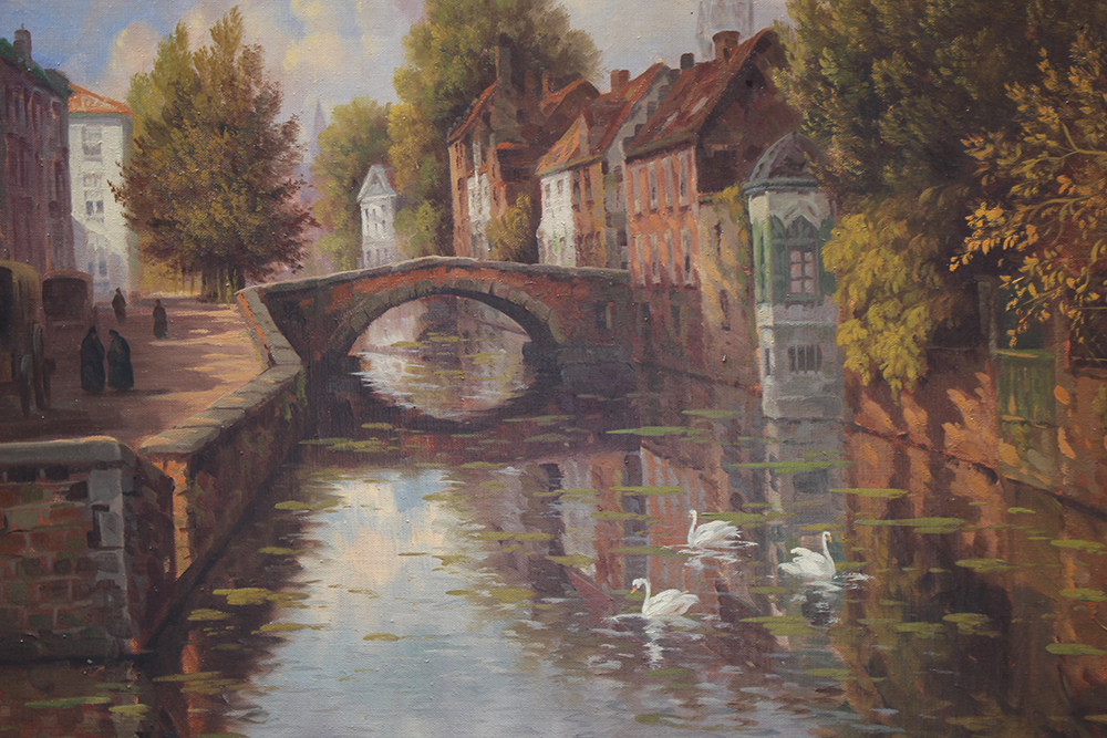 Atmospheric Bruges Canal Landscape Oil on Canvas - Image 4 of 8