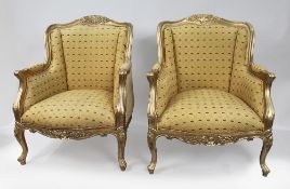 Pair of Louis XVI Style Carved Gilt Bergère Armchairs