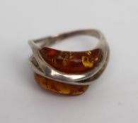 Two Stone Amber Silver Ring