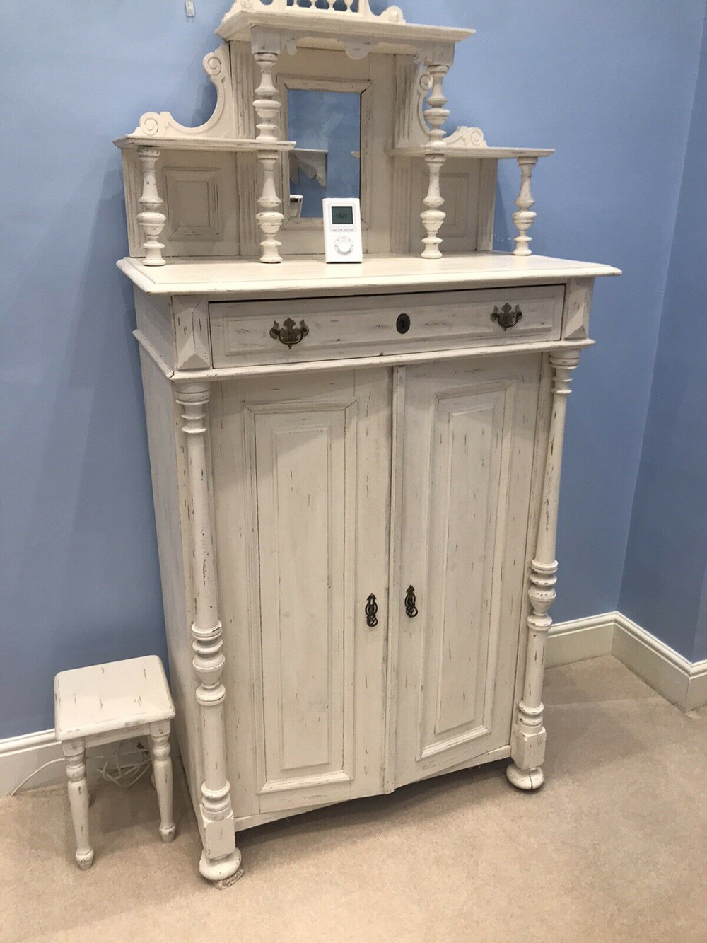 Painted French Style Pine Cabinet With Ornate Mirrored Top