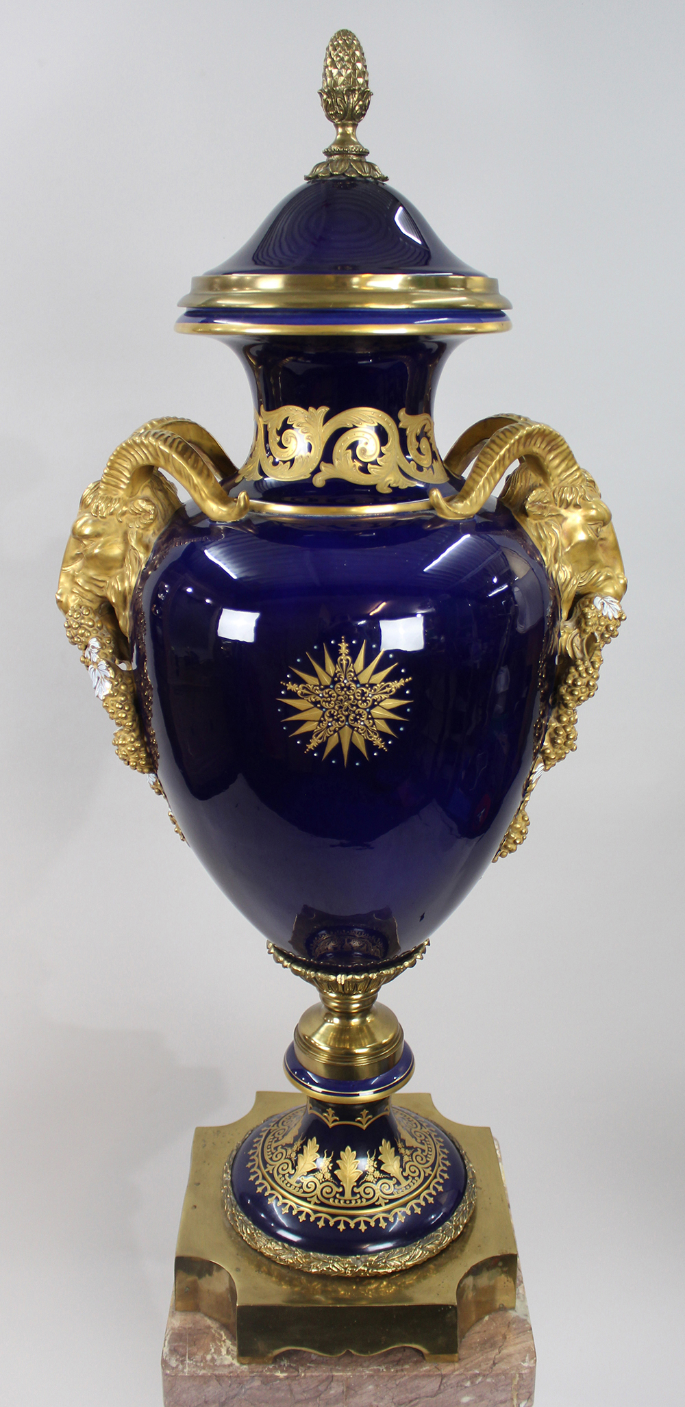 Pair of Fine Sevres Style Cobalt Blue Rams Head Lidded Urns - Image 4 of 12