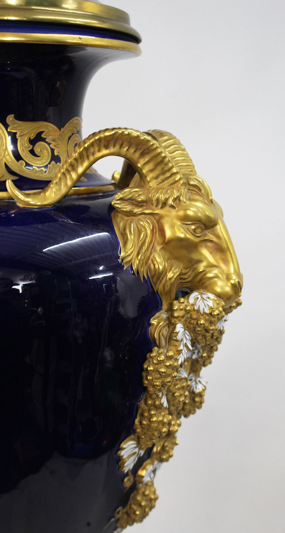 Pair of Fine Sevres Style Cobalt Blue Rams Head Lidded Urns - Image 8 of 12