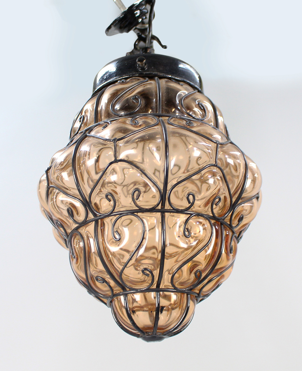Mid 20th c. Handblown Seguso Murano Amber Glass Caged Pendant Light - Image 2 of 6