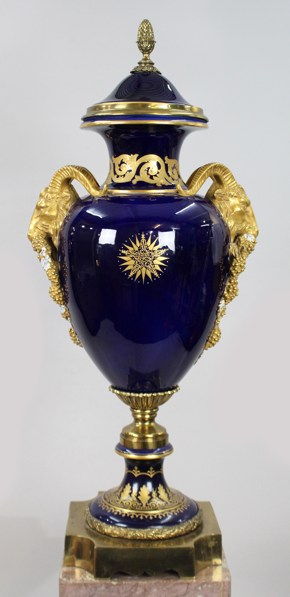 Pair of Fine Sevres Style Cobalt Blue Rams Head Lidded Urns - Image 3 of 12