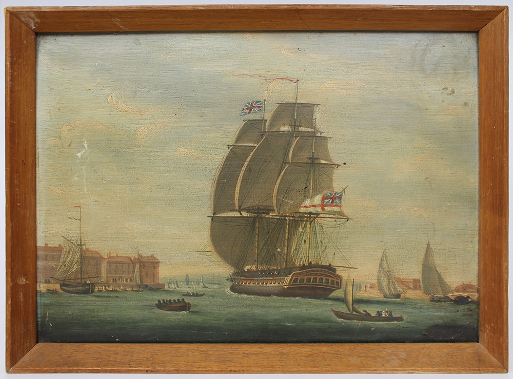 Early 19th c. Painting of a Frigate Oil on Board 1823
