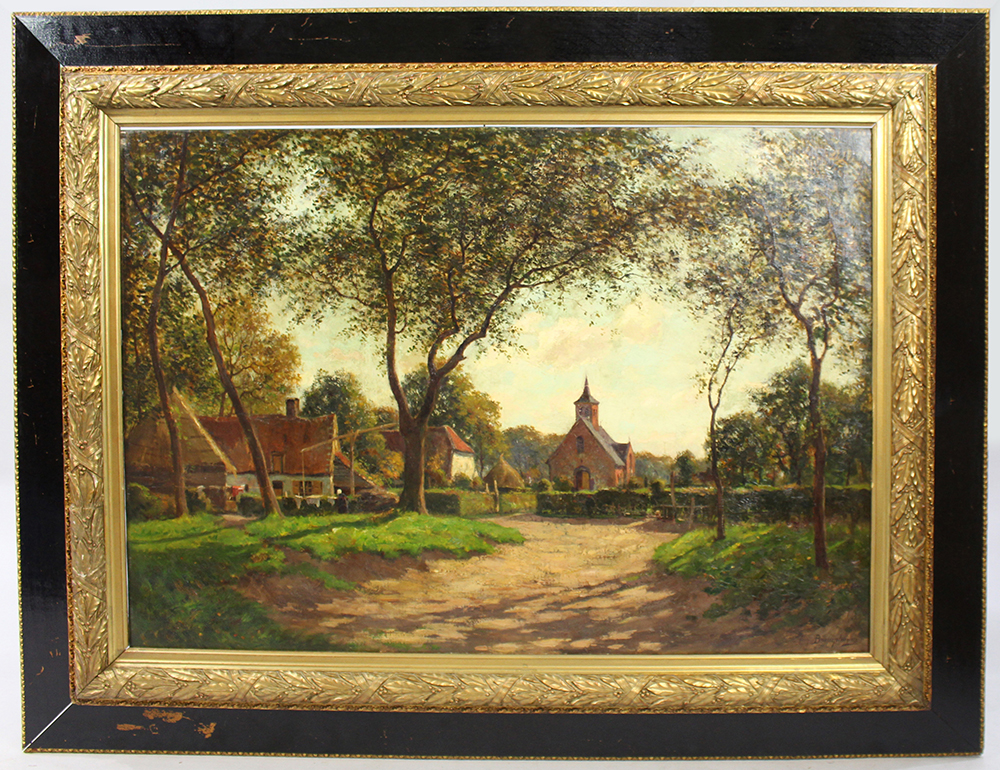 Large Late 19th c. Village Landscape Oil on Canvas