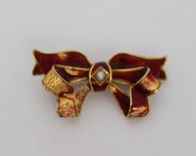 18ct Gold Enamel Pearl Bow Form Brooch