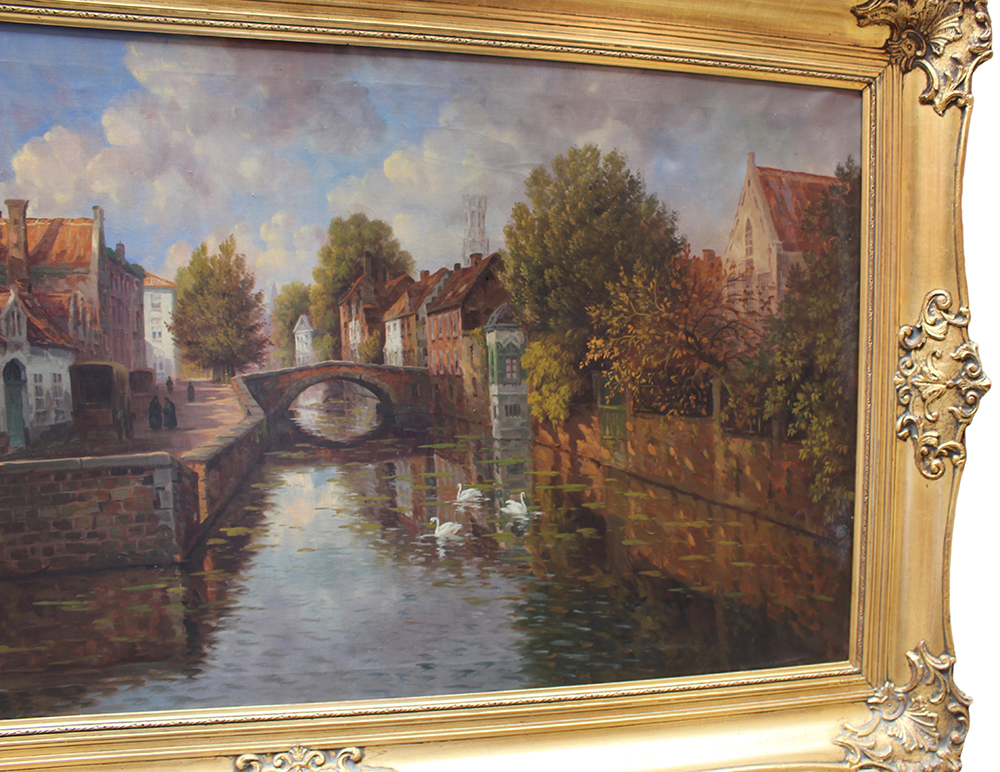 Atmospheric Bruges Canal Landscape Oil on Canvas - Image 3 of 8