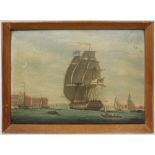 Early 19th c. Painting of a Frigate Oil on Board 1823