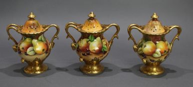 Set of 3 Hand Painted Coalport Fruit Lidded Vases
