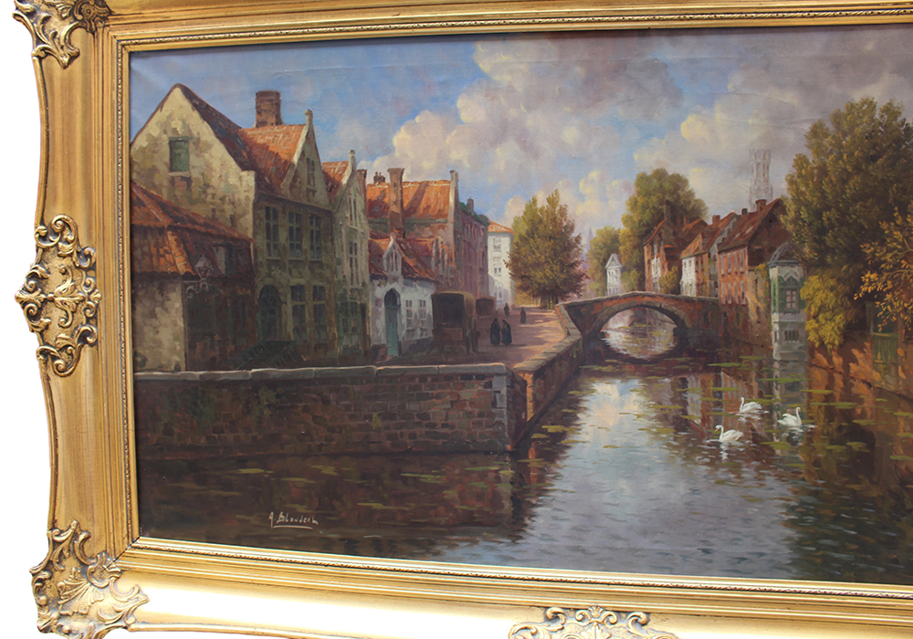 Atmospheric Bruges Canal Landscape Oil on Canvas - Image 2 of 8