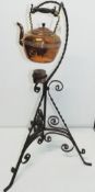 Antique Copper Spirit Kettle on Wrought Iron Stand