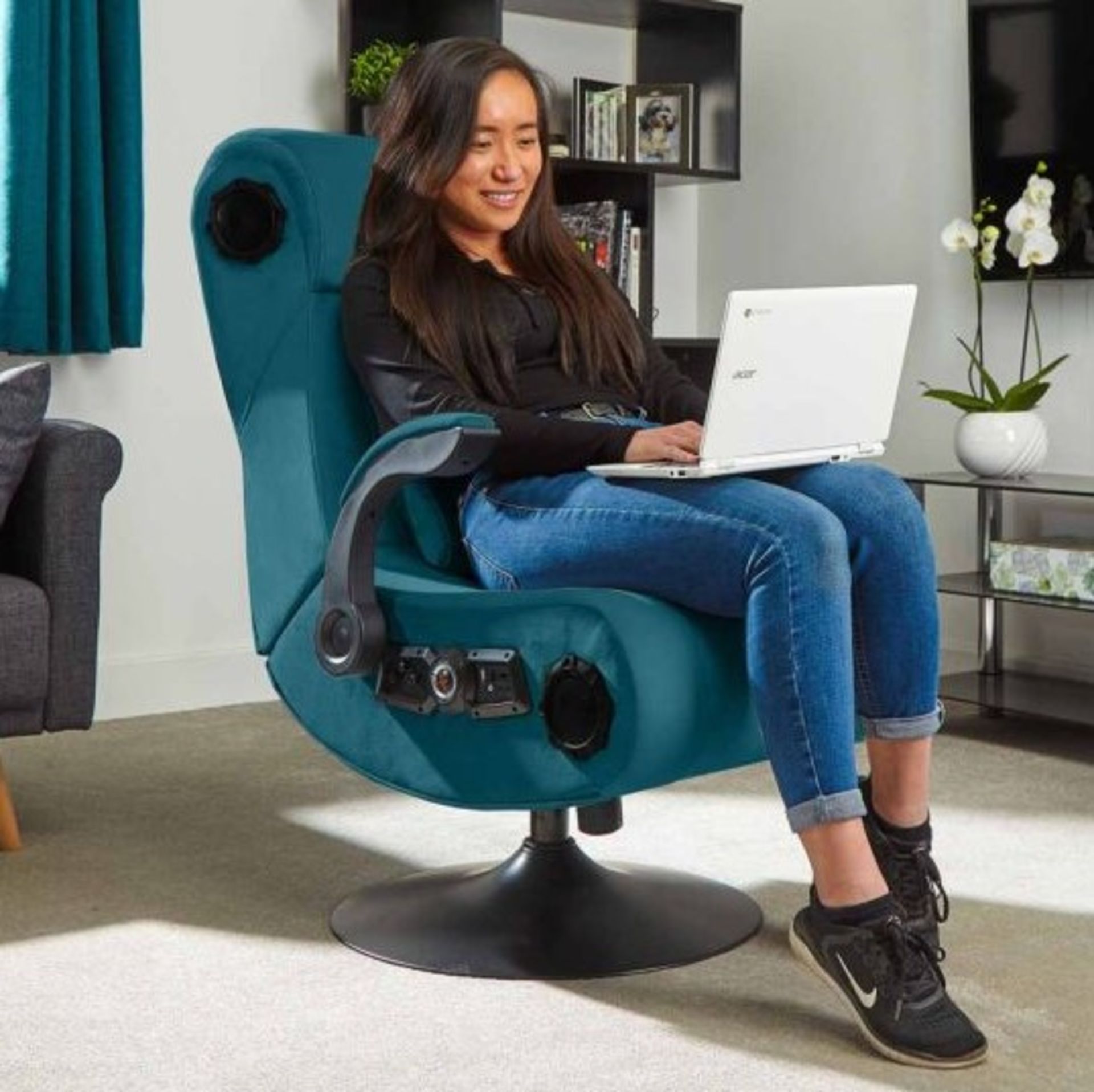 RRP £299.99. X Rocker Deluxe 4.1 Chenille Audio Gaming Pedestal (Teal). 4.1 Headrest And Seat Mount - Image 2 of 6