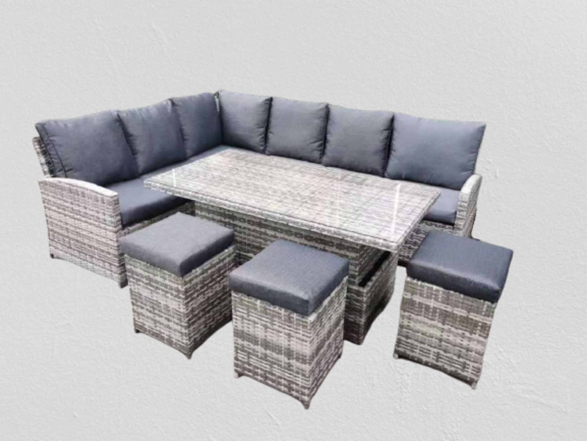 Windsor Mixed Grey Corner Sofa Set with Rise and Fall Table and Stools