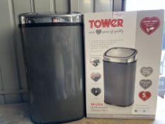 Tower Stainless Steel Sensor Bin with Automatic Soft-Close, 58L. RRP £99.99 - GRADE U