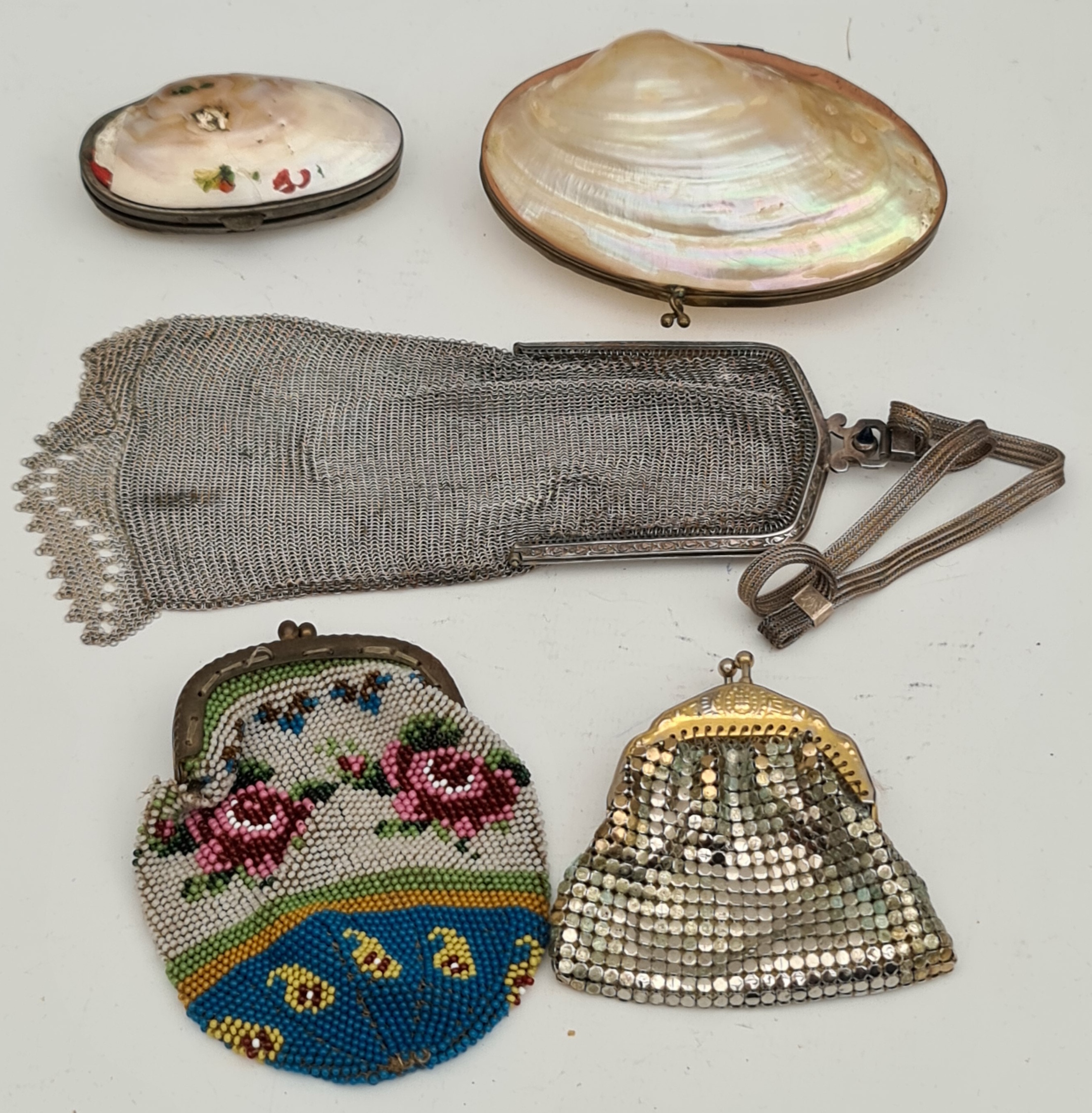 Antique Selection of 5 Purses. Includes shell & bead