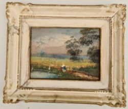 Antique Framed Rural Oil on Board Painting Signed Lower Right