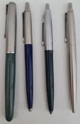 Vintage Parker Fountain Pen (similar to a 51) and 3 Parker Ball Point Pens