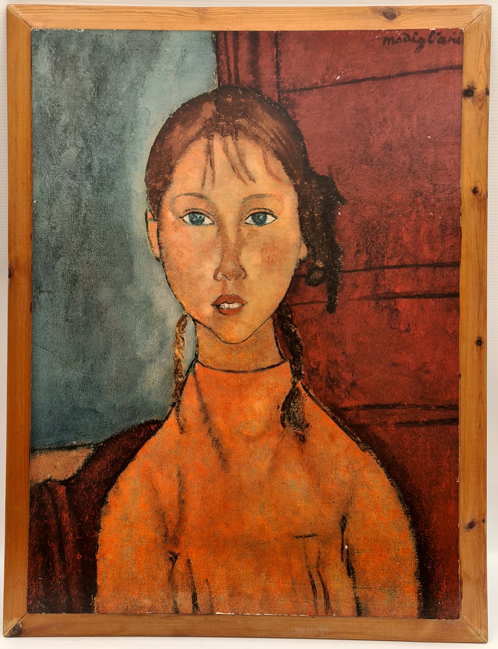 Retro Framed Print on board by Amedeo Modigliani c1980's. Girl With Pigtails