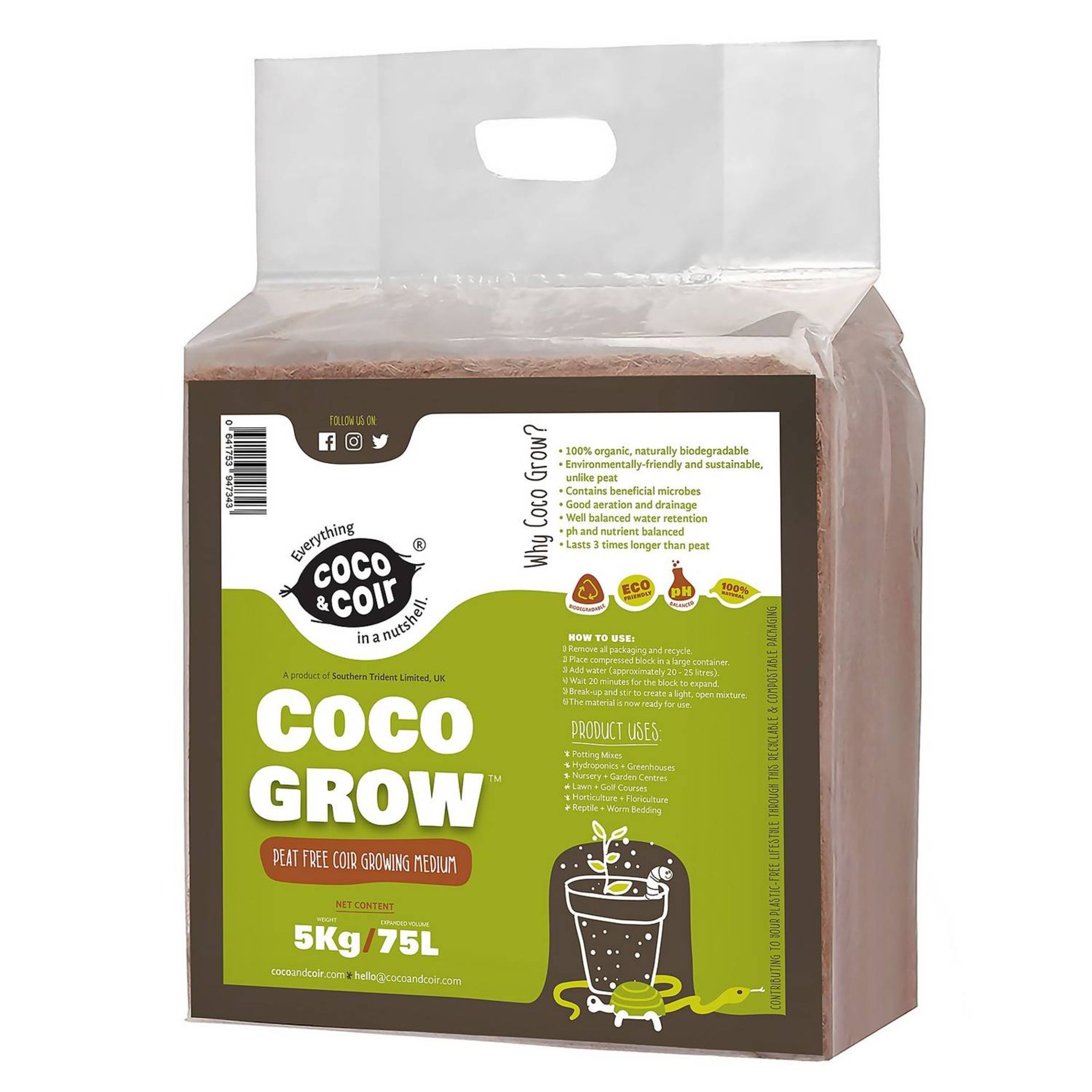 x4 Coco Grow 5KG (70L) 100% pure coconut fibre Growing Media Garden Soil compost