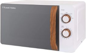 (6O) RRP £64.99. Russell Hobbs Swan Scandi Compact White Manual Microwave 17L With Wood Effect. (G