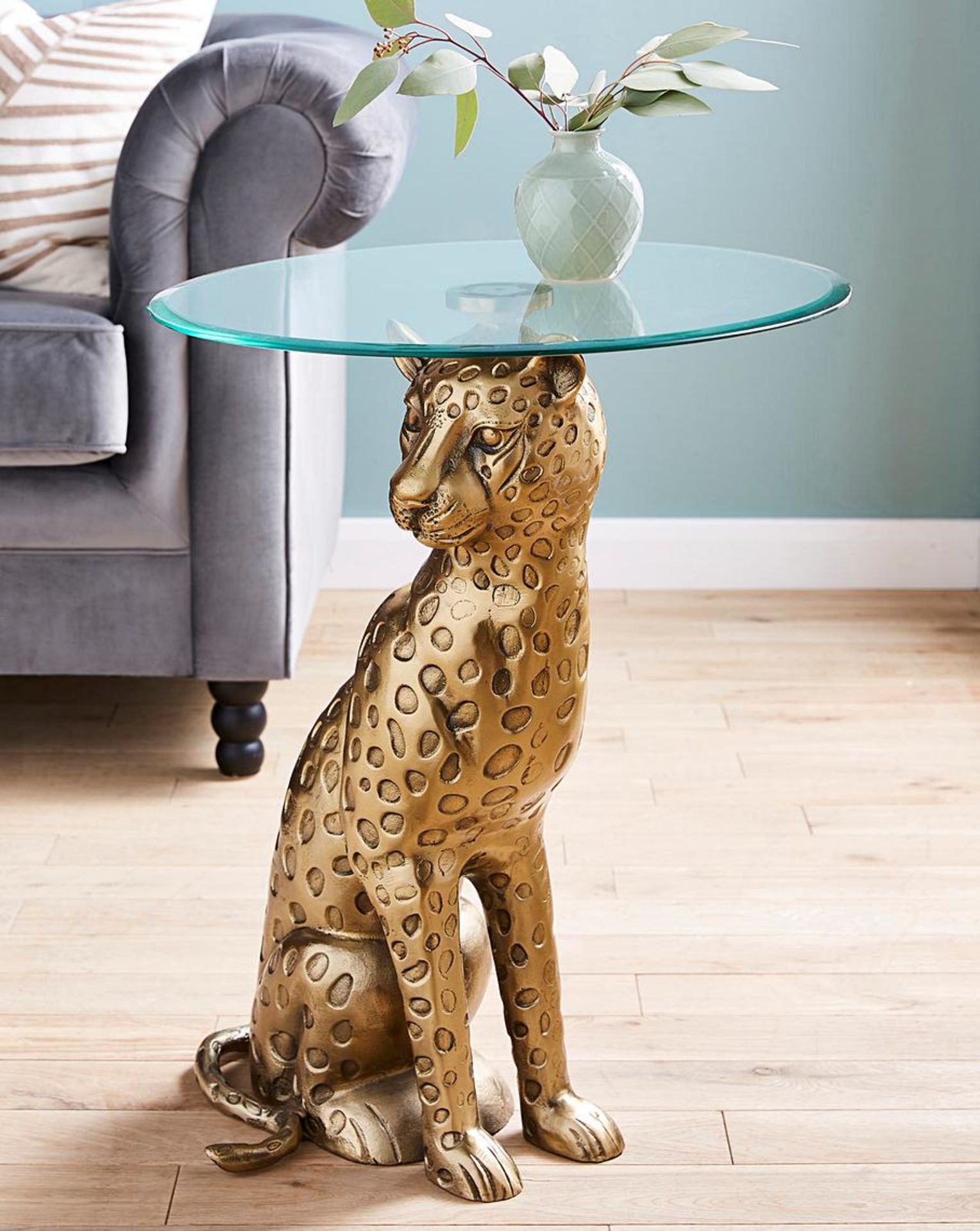 (6I) RRP £169.99. Leopard Side Table Antique Gold (IX1752/01). (Grade C Stock).