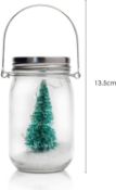 6 x Hanging Glass Jar Led Light-Up - Green Christmas Tree Snow Scene