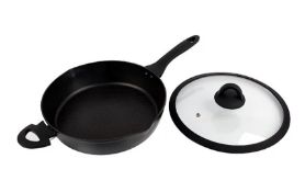 (122/R8) 6x Soft Grip Pan Items. 3x 28cm Saute Pan With Lid (1x Handle Damage). 3x 24cm Frying