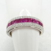 Sleek 3-row ruby and diamond ring in 18ct white gold