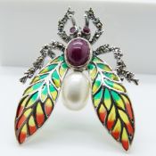 Silver plique-Ã -jour winged insect brooch / pendant set with pearl, rubies and marcasites