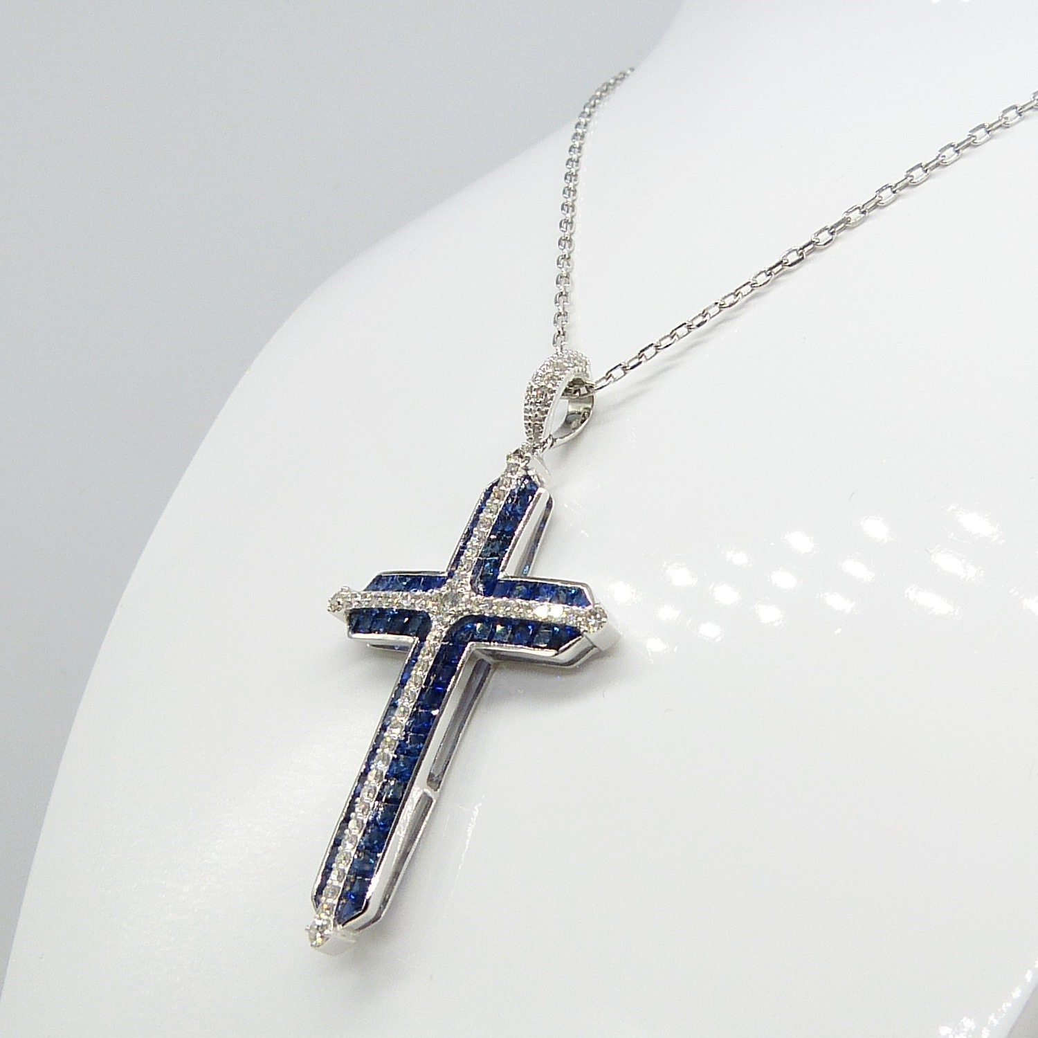 Impressive cross necklace set with natural sapphires and diamonds in 18ct white gold, boxed - Image 6 of 8