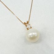 Rose gold cultured pearl and diamond pendant and box link chain, boxed