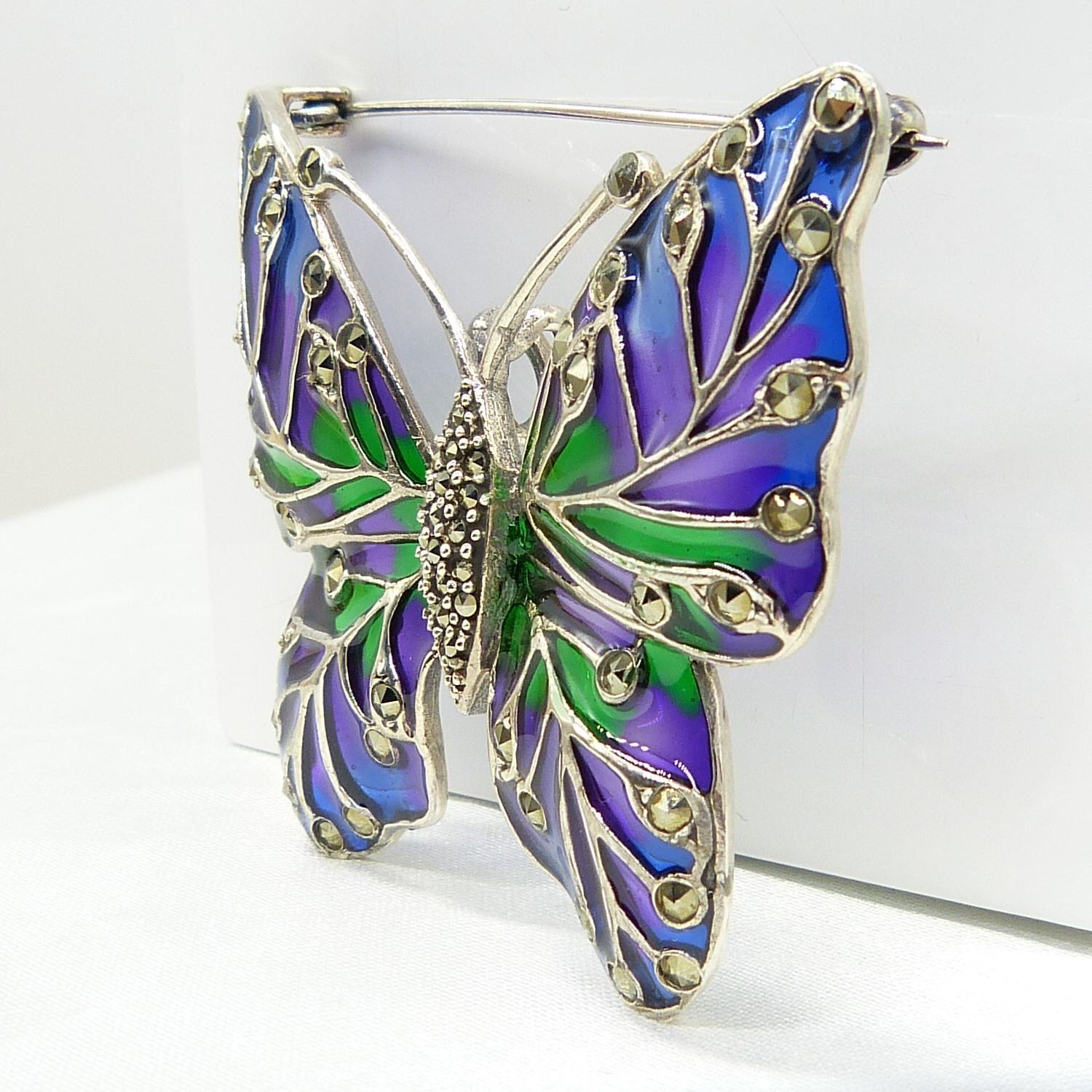 Large plique-Ã -jour butterfly brooch / pendant inlaid with coloured enamel, in silver - Image 4 of 7