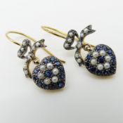 Sapphire, diamond and seed pearl "heart and bow" vintage-styled earrings