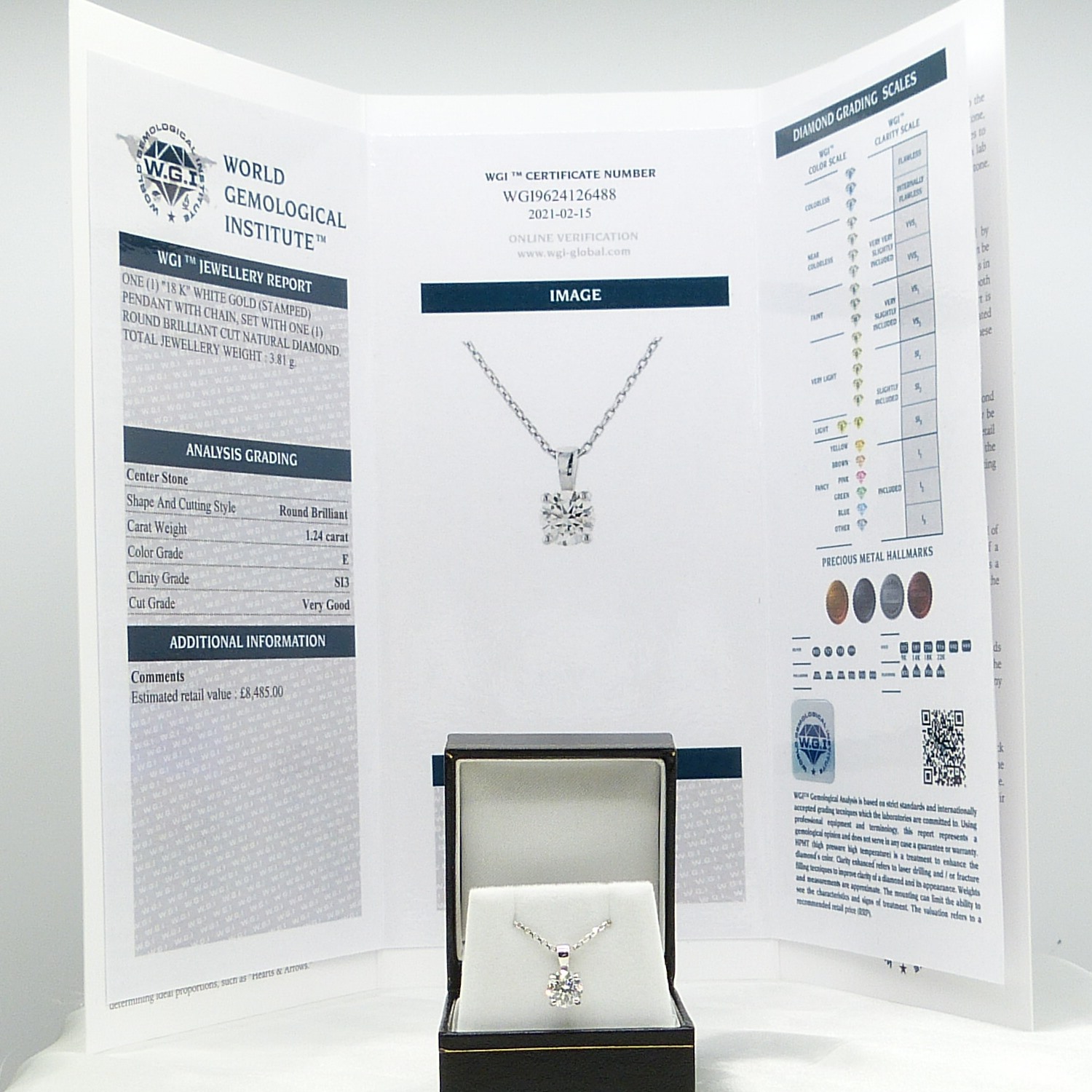 Certificated 1.24 carat, E colour round brilliant-cut diamond solitaire necklace, 18ct white gold - Image 9 of 9