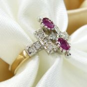 Vintage deco-inspired yellow and white gold ring set with rubies and diamonds