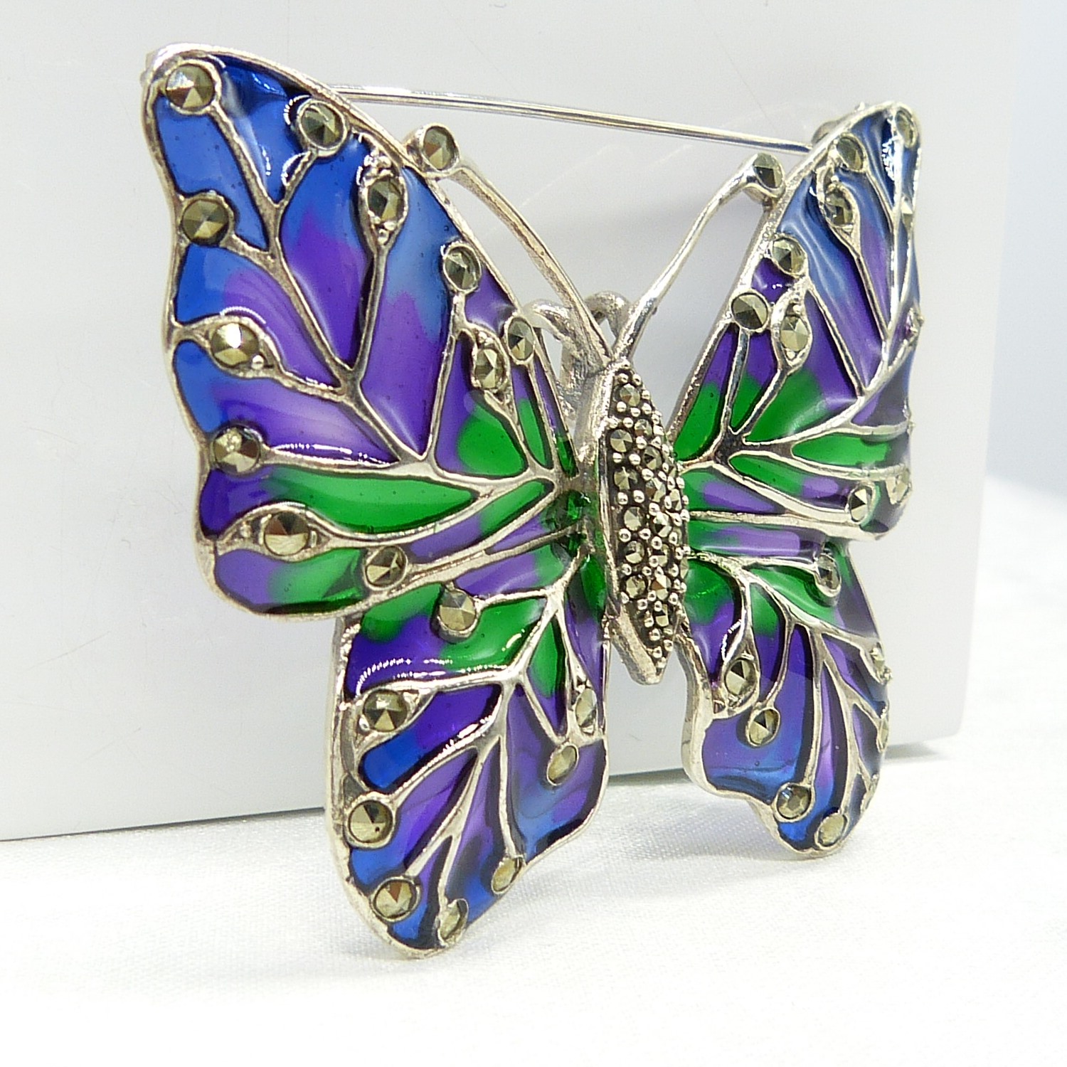 Large plique-Ã -jour butterfly brooch / pendant inlaid with coloured enamel, in silver - Image 3 of 7