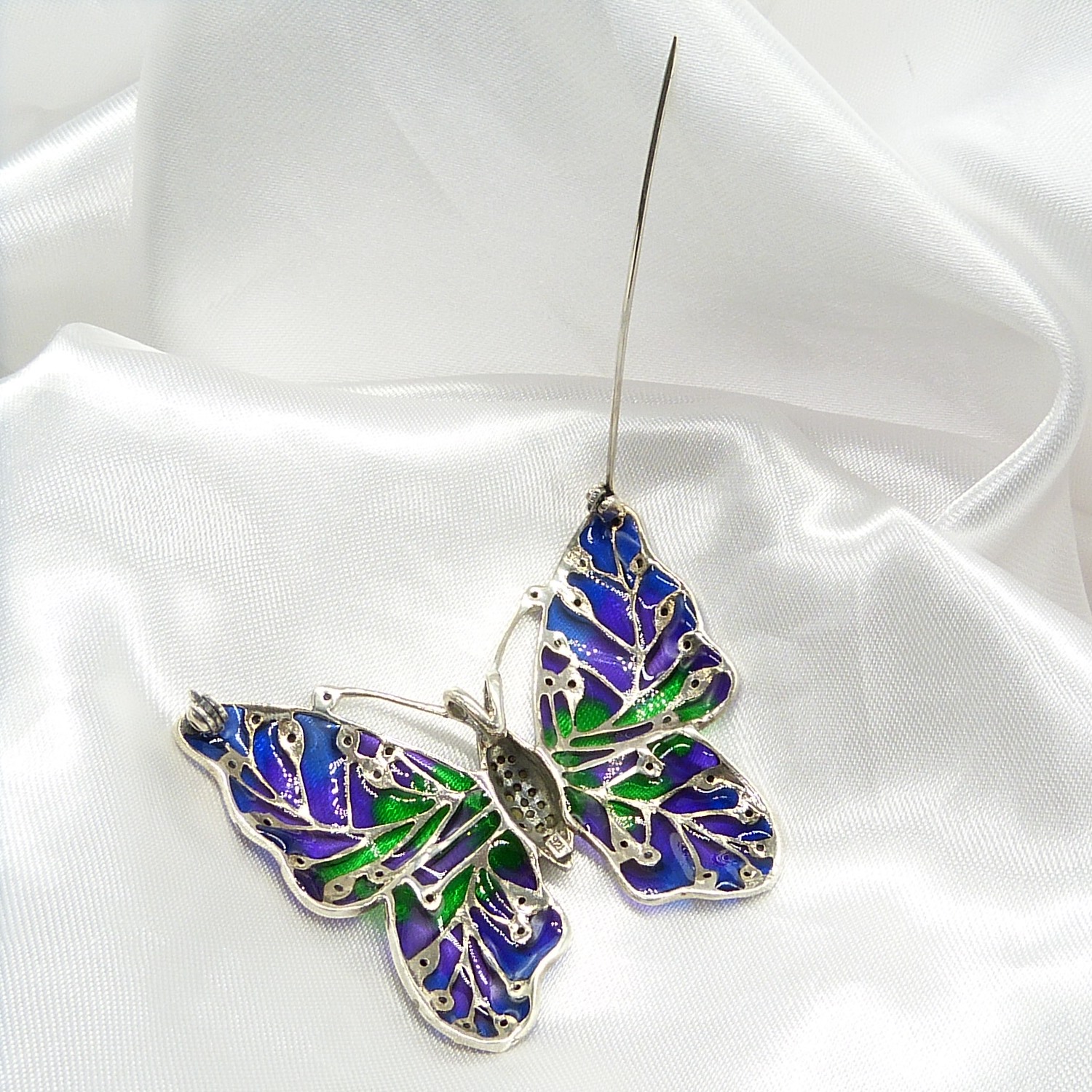 Large plique-Ã -jour butterfly brooch / pendant inlaid with coloured enamel, in silver - Image 7 of 7