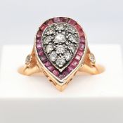 Vintage hand made pear-shaped Turkish ring set with diamond and rubies in yellow and rose gold