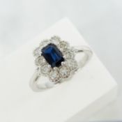 Stylish 18ct white gold sapphire and diamond cluster ring with certificate
