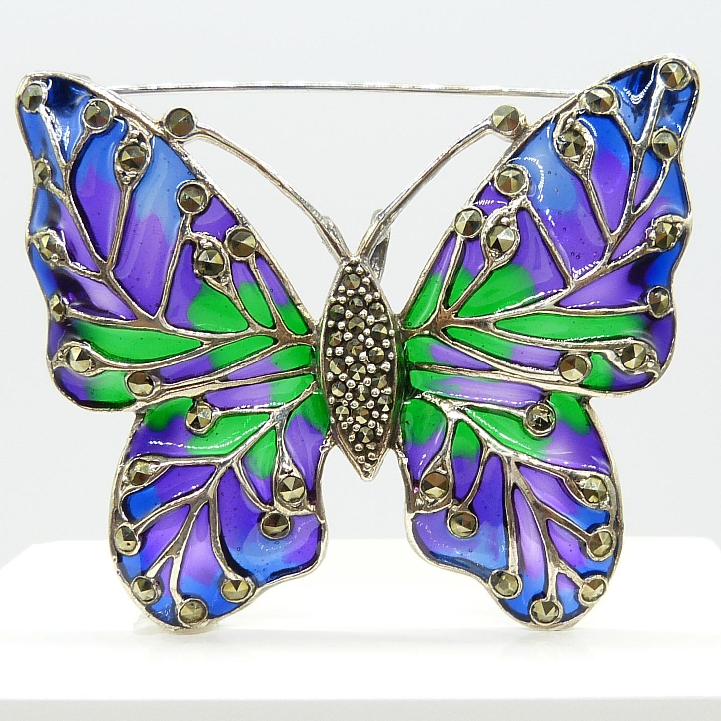 Large plique-Ã -jour butterfly brooch / pendant inlaid with coloured enamel, in silver - Image 5 of 7