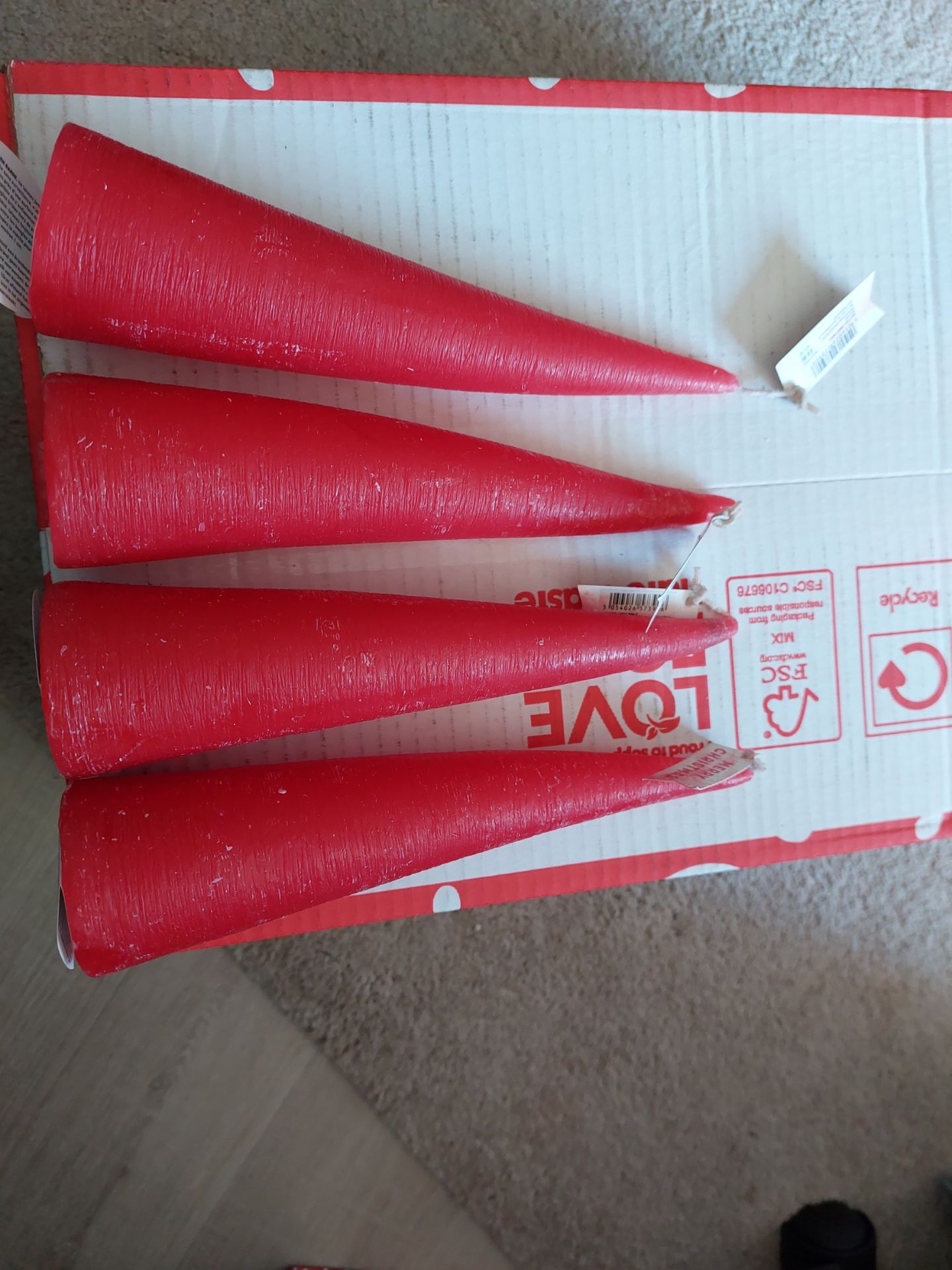Red Cone Candles Approx. 10 Inches Tall. Base 2 "" Approx. Box of 12