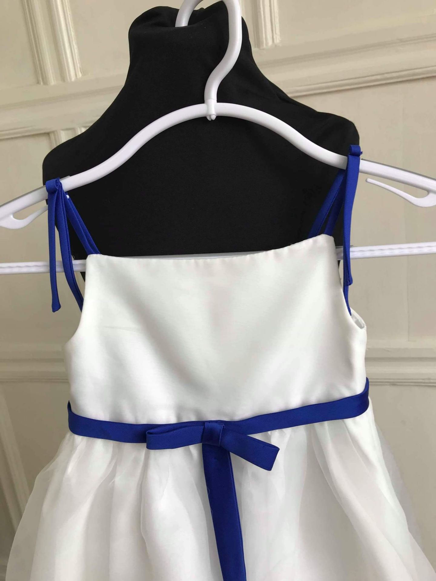 Ivory Flowergirl Dress With Cobalt Blue Straps and Belt - Image 7 of 9