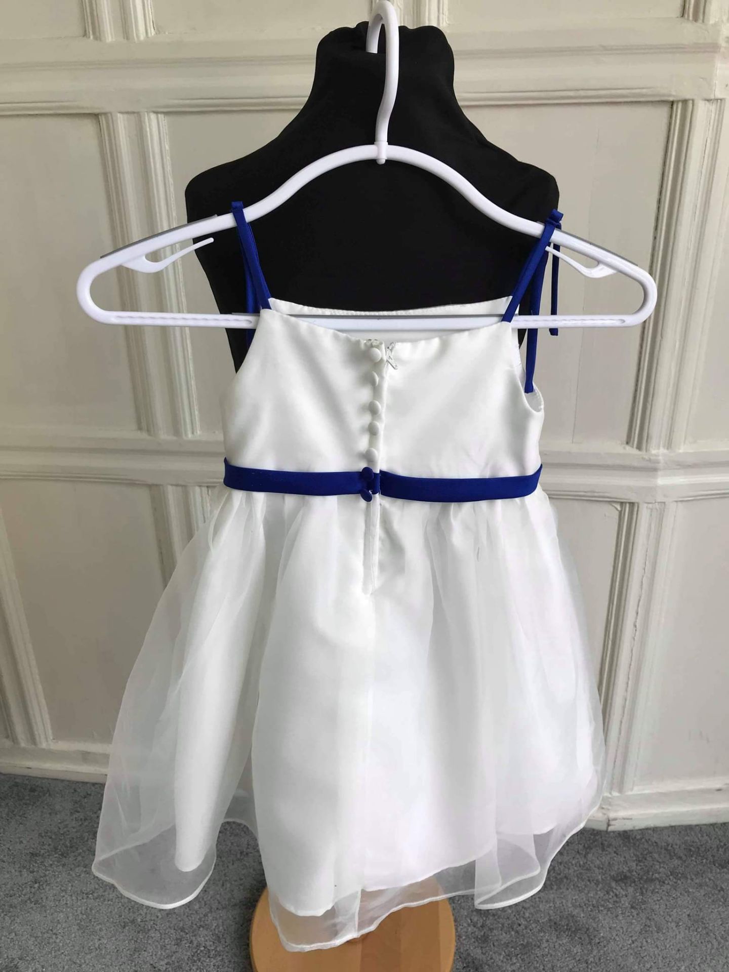 Ivory Flowergirl Dress With Cobalt Blue Straps and Belt - Image 5 of 9