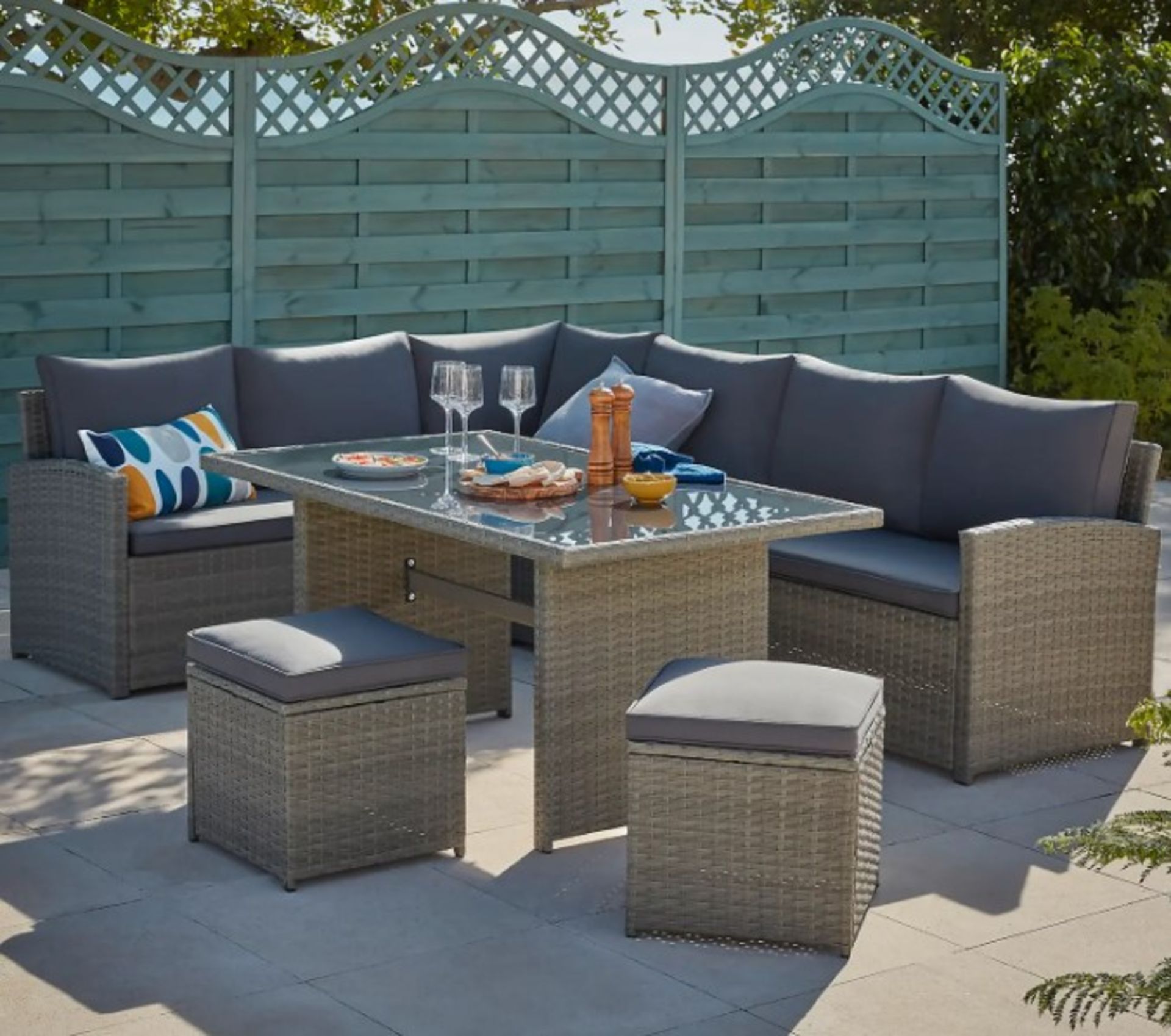 (17/P) RRP £850. Matara Grey Rattan Corner Garden Sofa Set. Ideal For Both Indoor And Outdoor Use...