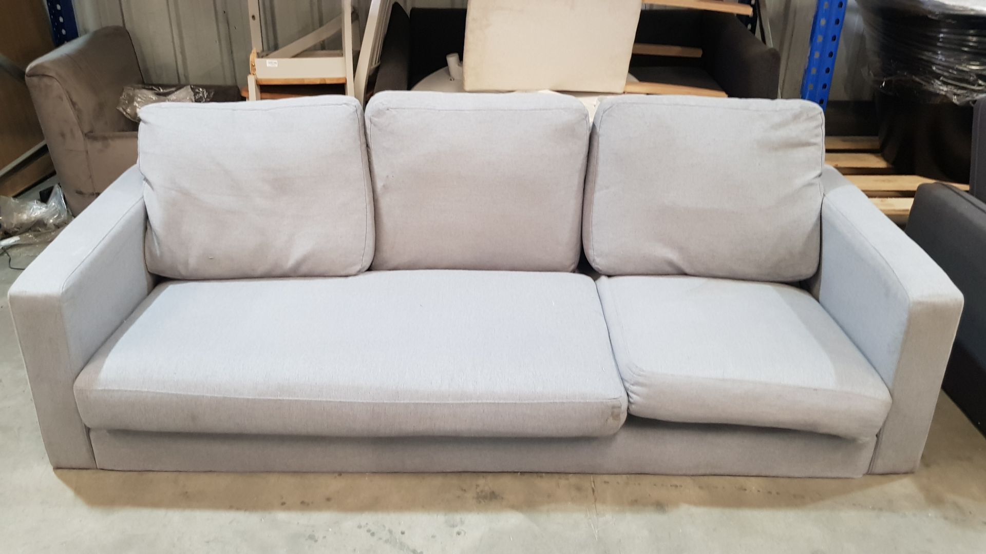 (87) 3 Seater Sofa Grey With Matching Foot Stool. (Please Note There Are No Legs In Lot). - Image 2 of 3