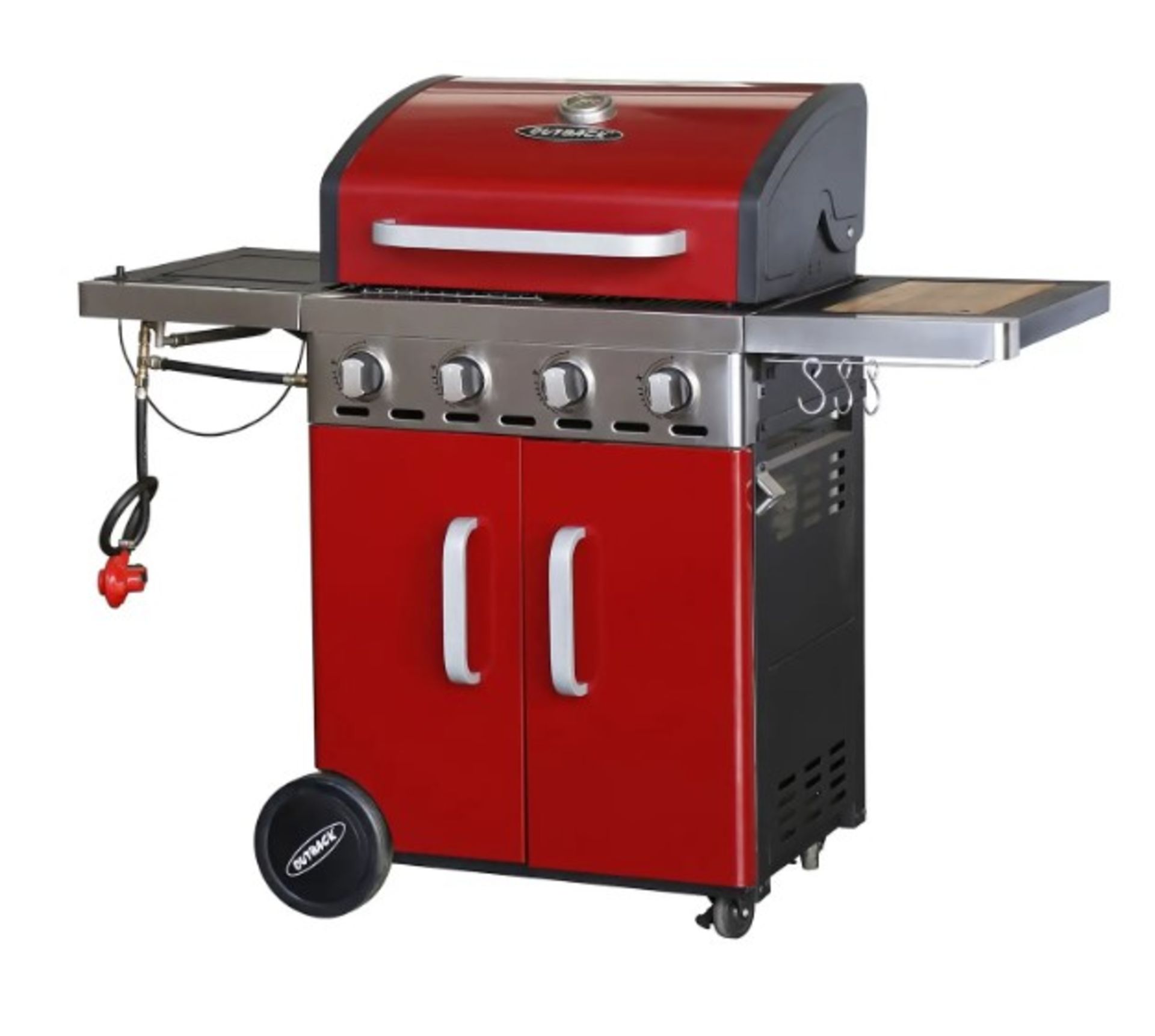 (31/P) RRP £520. Outback Saturn Hybrid 4 Burner Gas BBQ Red. Removable Multi Cooking Surface. Sid...