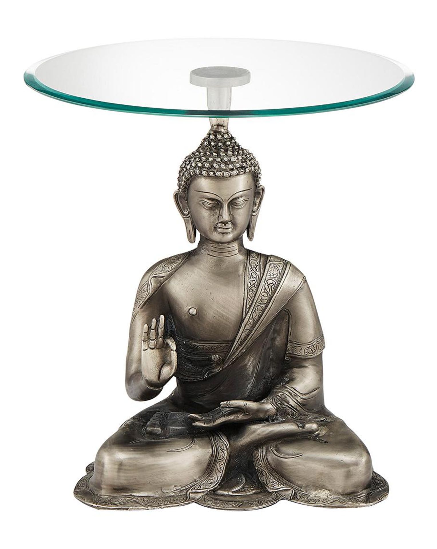 (68/5G) RRP £119. Buddha Side Table Pewter. (H52x W46x D46cm).